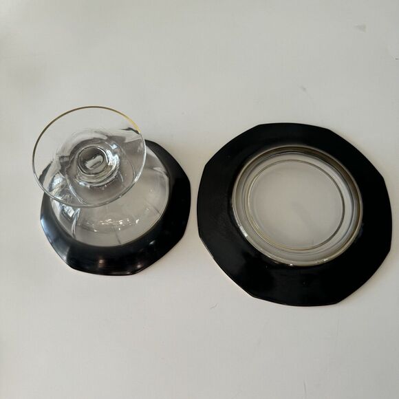 Vintage Glass Black Gold Rim Mayonnaise Compote Bowl Dish With Under Plate Set - Picture 7 of 8
